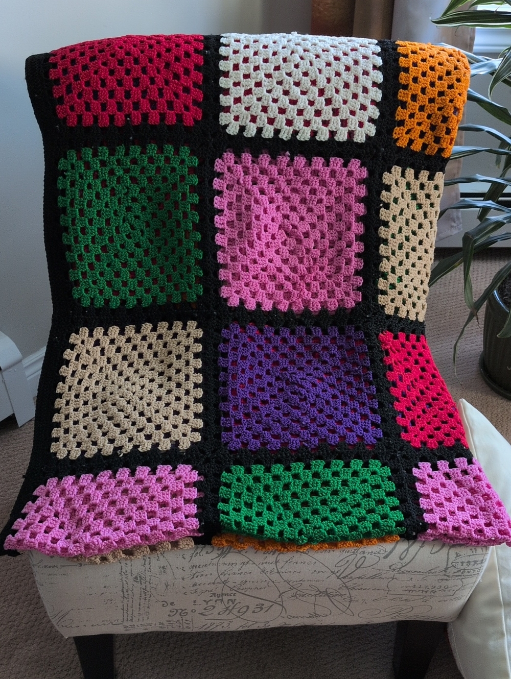 Hand-crocheted vintage granny square afghan blanket 55" x 75"